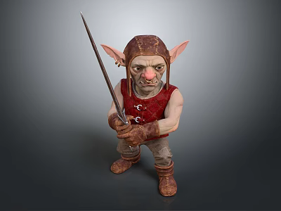 Goblin Character With Pointed Ears Brown Helmet And Red Vest Holding Sword 3d model