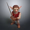 Goblin Character With Pointed Ears Brown Helmet And Red Vest Holding Sword