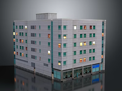 Modern Multi Story Residential Building With Gray Facade Illuminated Windows And Ground Floor Shops 3d model