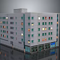 Modern Multi Story Residential Building With Gray Facade Illuminated Windows And Ground Floor Shops
