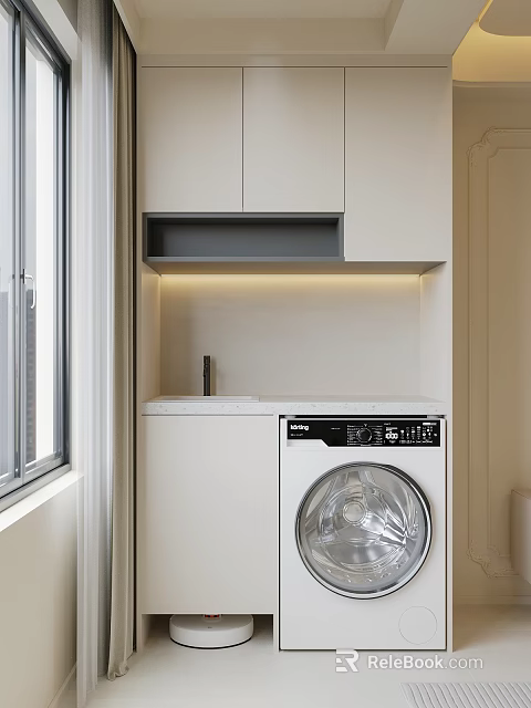 Modern Washbasin With White Cabinets Washing Machine Under Cabinet Lighting And Window 3d model 
