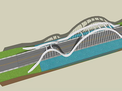 Modern Landscape Bridge Design With Curved Structure Over Water And Road With Green Grass 3d model