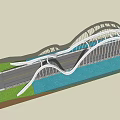 Modern Landscape Bridge Design With Curved Structure Over Water And Road With Green Grass
