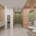 Modern Public Restroom Interior With Green Geometric Tile Walls White Vanity And Beige Floor