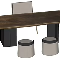Modern Minimalist Wooden Top Tea Table with Black Legs Light Padded Chair and Round Stools