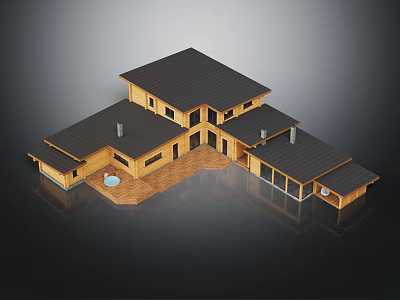 Stylish Wooden House With Black Roof Patio Multiple Wings And Large Glass Windows 3d model