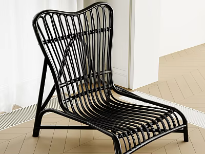 Black Modern Lounge Chair With Curved Woven Design In Indoor Wooden Floor Setting 3d model