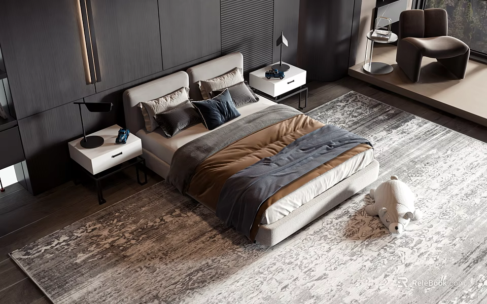 Modern Double Bed with Bedside Tables Area Rug Decorative Pillows and Soft Bedding Interior 3d model 