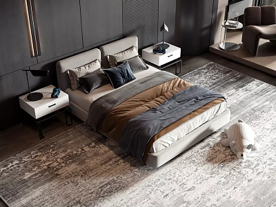 Modern Double Bed with Bedside Tables Area Rug Decorative Pillows and Soft Bedding Interior 3d model