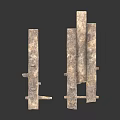Abstract Metal Sculpture with Textured Surface and Irregular Long Strip Components on White Background