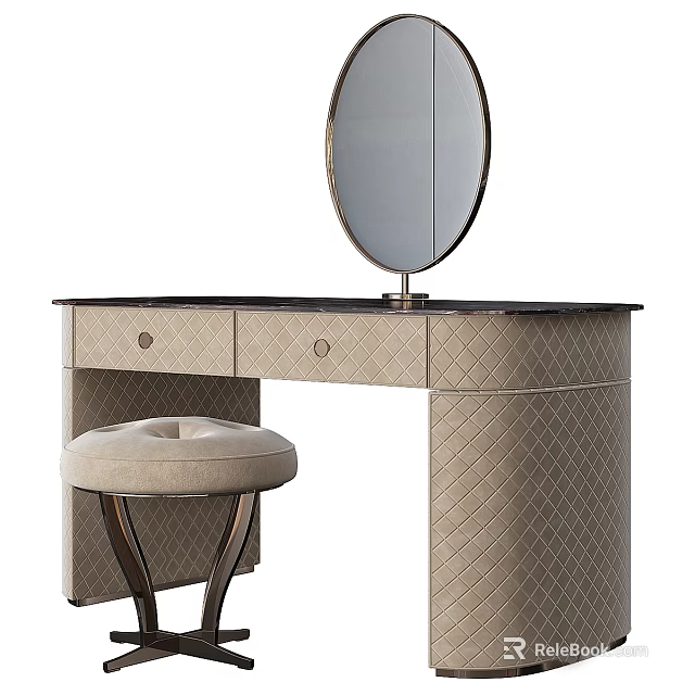 Elegant Modern Dressing Table With Oval Mirror Quilted Drawers And Upholstered Stool 3d model 