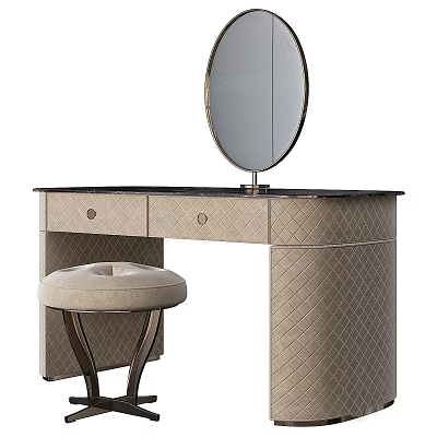 Elegant Modern Dressing Table With Oval Mirror Quilted Drawers And Upholstered Stool 3d model
