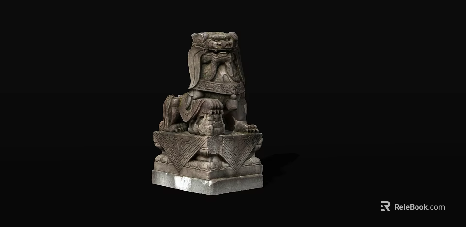 Traditional Stone Lion Landscape Sculpture With Intricate Carvings And Detailed Base 3d model 