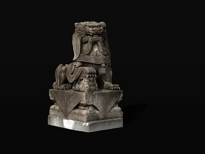 Traditional Stone Lion Landscape Sculpture With Intricate Carvings And Detailed Base 3d model
