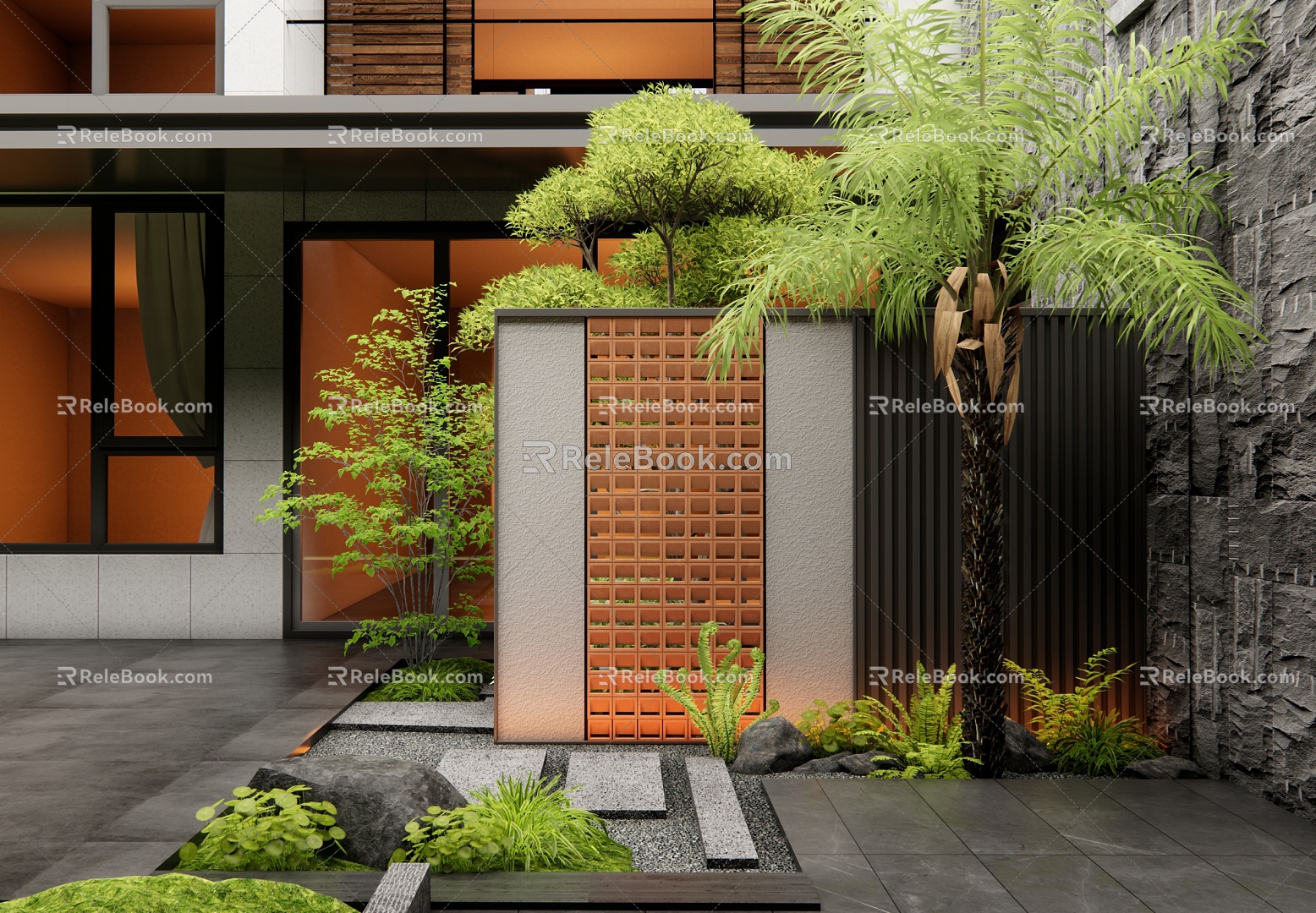 Modern courtyard landscape wall hollow partition landscape wall courtyard entrance landscape wall flowers and plants combination plant landscape landscape tree model