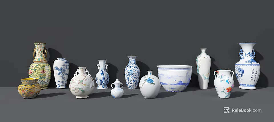 Blue and White Ceramic Wares with Various Shapes Sizes and Decorative Patterns 3d model 