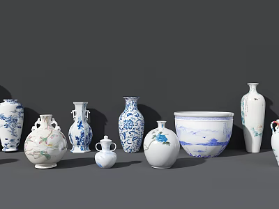 Blue and White Ceramic Wares with Various Shapes Sizes and Decorative Patterns 3d model