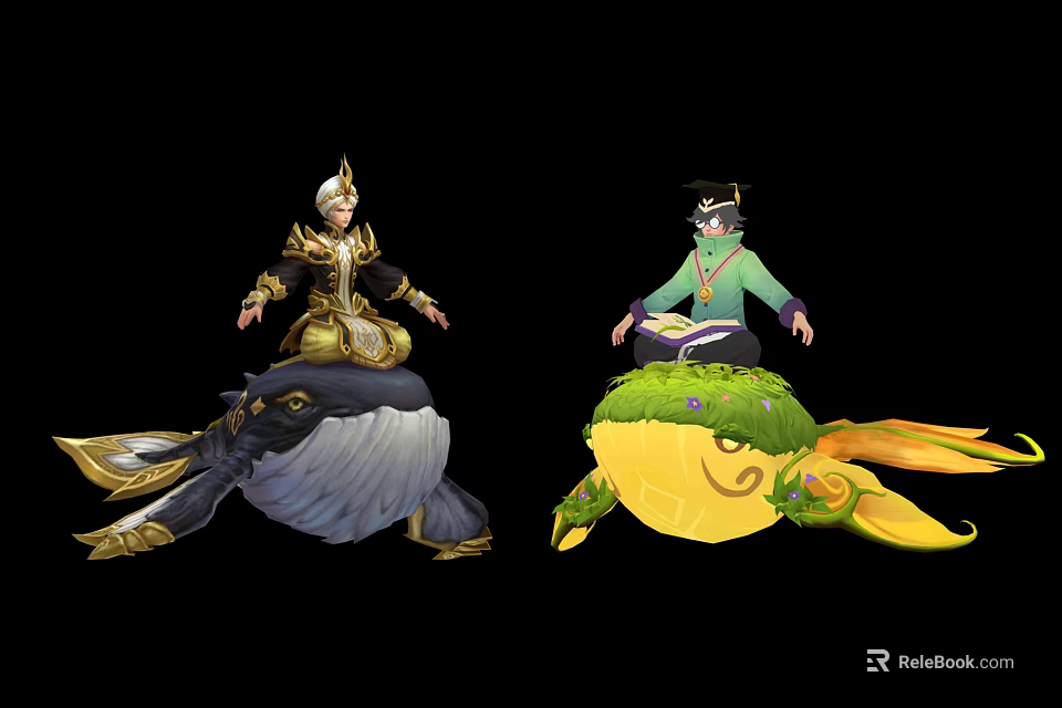 Golden Armored Green Robed Characters with White Black Dragon and Yellow Green Turtle Creatures 3d model 