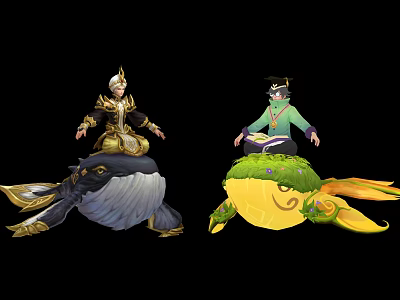 Golden Armored Green Robed Characters with White Black Dragon and Yellow Green Turtle Creatures 3d model