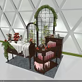 Decorative Display Cabinet Shelf With Green Vines Oranges Floral Decor And Tablecloth
