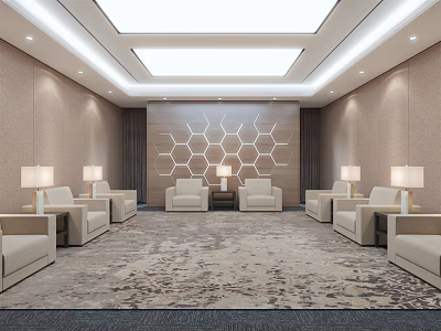 Modern Luxury Hotel Public Lounge Area With Beige Sofas Hexagonal Wall And Table Lamps 3d model