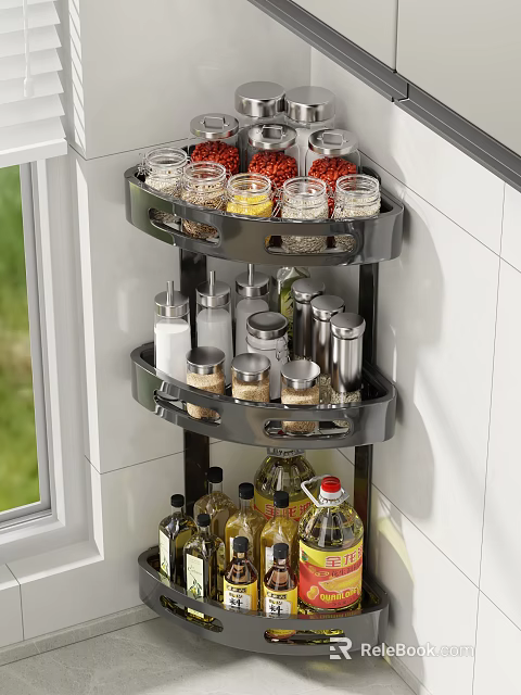 Wall Mounted Spice Rack For Kitchen With Spice Jars And Bottles 3d model 