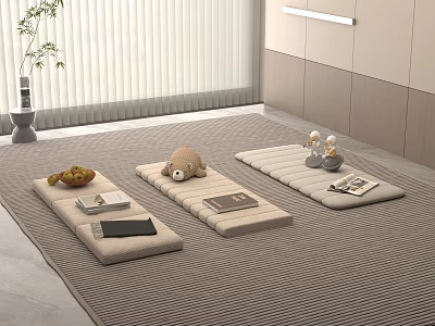 Modern Minimalist Seating Area With Floor Cushions Plush Toy Fruit Plate And Magazines 3d model