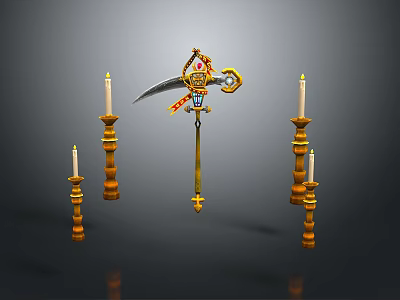 Ornate Decorative Weapon With Intricate Design Surrounded by Tall Candle Holders and Lit Candles 3d model