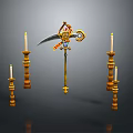 Ornate Decorative Weapon With Intricate Design Surrounded by Tall Candle Holders and Lit Candles