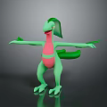 Cartoon Green Creature With Pink Belly Leaf Like Head Extended Limbs Standing On Reflective Surface 3d model