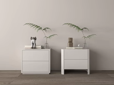 Minimalist Modern White Bedside Tables With Books Vases Fern Plants And Decorative Figurine 3d model