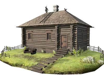 Traditional Wooden Log Cabin With Thatched Roof Wooden Fence And Grass Lawn 3d model