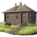 Traditional Wooden Log Cabin With Thatched Roof Wooden Fence And Grass Lawn