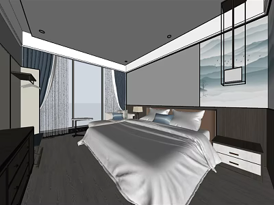 Modern Hotel Guest Room Interior With Large Bed White Bedding Large Windows And Decorative Painting 3d model