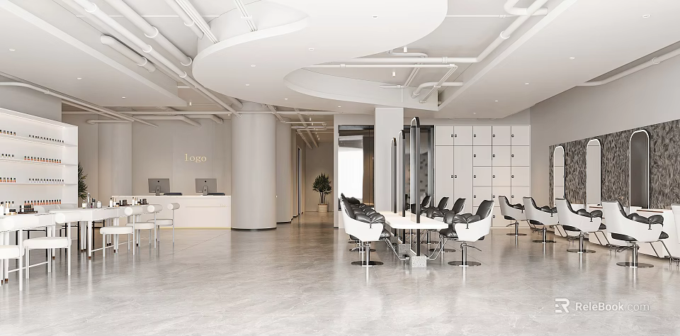 Modern Beauty Hair Salon Interior With Open Space White Chairs And Marble Reception Desk 3d model 