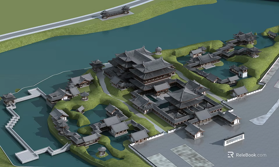 Ancient Chinese Architecture Complex With Symmetrical Layout And Water Surrounded Green Spaces 3d model 