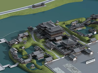 Ancient Chinese Architecture Complex With Symmetrical Layout And Water Surrounded Green Spaces 3d model
