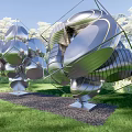 Stainless Steel Geometric Landscape Sculpture In Lawn Garden With Greenery And Trees