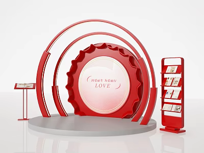 Check-in Area Featuring Red Circular Structure Meet New LOVE Text And Display Shelves 3d model
