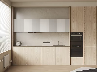 Modern Kitchen Interior With Wooden Cabinets White Countertop Oven And Natural Light 3d model
