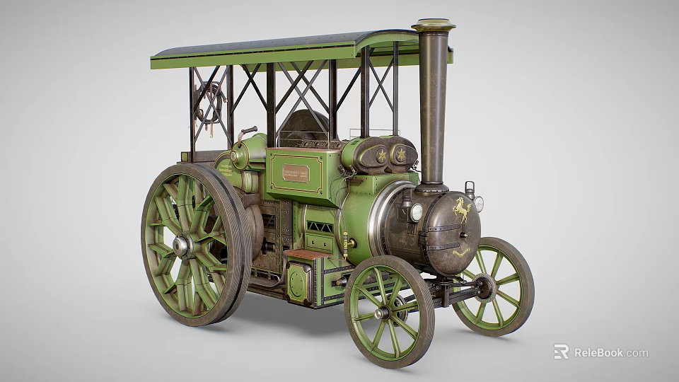 Green Vintage Steam Powered Functional Vehicle With Big Wheels And Cabin 3d model 