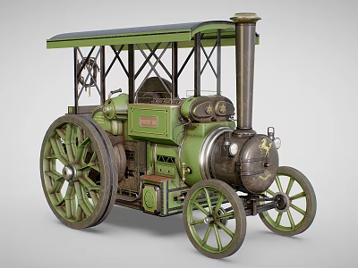 Green Vintage Steam Powered Functional Vehicle With Big Wheels And Cabin 3d model