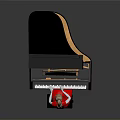 Black Grand Piano With Open Lid And Girl In Red Dress Playing
