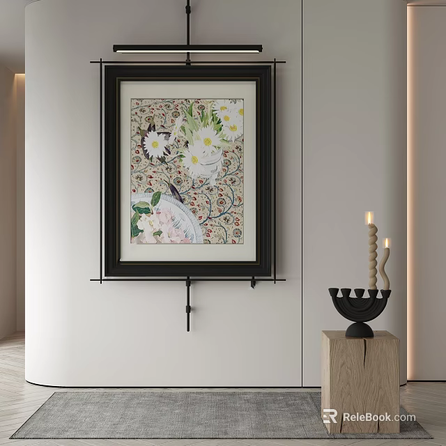 White Flowers Green Leaves Patterned Background Wall Art With Black Candle Holder On Wooden Base 3d model 