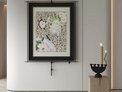 White Flowers Green Leaves Patterned Background Wall Art With Black Candle Holder On Wooden Base 3d model
