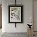 White Flowers Green Leaves Patterned Background Wall Art With Black Candle Holder On Wooden Base