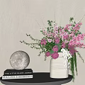 Decorative Ornament Set Featuring White Vase Pink White Flowers Moon Lamp And Books