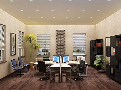 Modern Office Interior With Desks Computers Chairs Windows Plants And Bookshelves 3d model