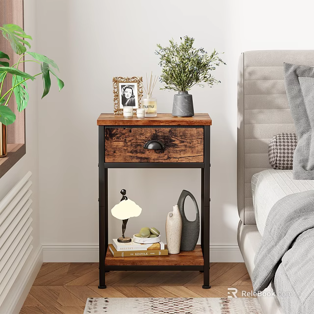 Modern Storage Shelf With Wooden Top Metal Frame Plants Photo Frame Books And Lamp 3d model 
