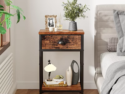 Modern Storage Shelf With Wooden Top Metal Frame Plants Photo Frame Books And Lamp 3d model